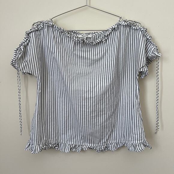 Madewell Ruffled Lace-Up Top in Stripe Gray Size XS - Picture 5 of 13